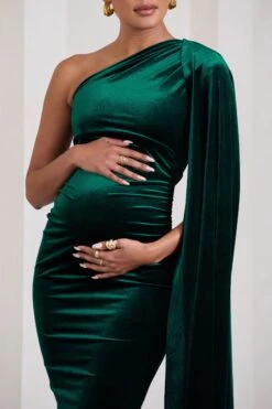 Amaryllis | Bottle Green Velvet Maternity One Shoulder Maxi Dress With Cape Sleeve -ENY Clothing Shop WB WB CC CL129810047 AmaryllisBottleGreenVelvetMaternityOneShoulderMaxiDresswithCapeSleeve4