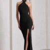 Pamela | Black Halter-Neck Sleeveless Split Maxi Dress