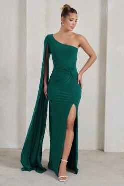 Romi | Bottle Green One Shoulder Twist Design Maxi Dress -ENY Clothing Shop WB WB CL127683 RomiBottleGreenOneShoulderTwistDesignMaxiDress1