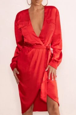 True Romance | Red Satin Plunge Neck Midi Dress With Belt Detail -ENY Clothing Shop WB WB HR CL126535 TrueRomanceRedSatinPlungeNeckMidiDressWithBeltDetail1