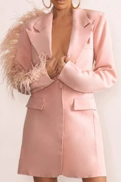 One In A Million | Pink Blazer Mini Dress With Feather Trim -ENY Clothing Shop WB WB HR CL127037 OneInAMillionNudeBlazerDressWithFeatherTrimDownOneArm0