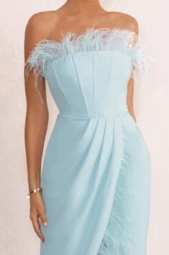 Cosmo | Powder Blue Bandeau Corset Maxi Dress With Feather Trim -ENY Clothing Shop WB WB HR CL127049 PricelessPowderBlueBandeauFeatherCorsetMidiDressWithFeatherTrim0
