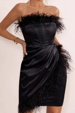 Forever High | Black Bandeau Wrap Front Mini Dress With Feather Trim -ENY Clothing Shop WB WB HR CL127263 ForeverHighBlackBardotCorsetMiniDressWithFeatherTrim1