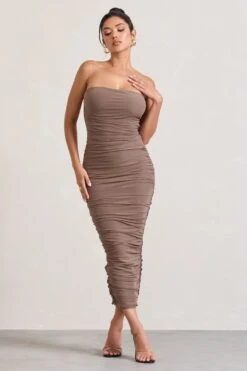 My Lady | Mocha Strapless Bodycon Ruched Mesh Maxi Dress -ENY Clothing Shop WB CL127347038 MyLadyMochaStraplessBodyconRuchedMeshMaxiDress0