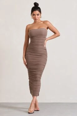 My Lady | Mocha Strapless Bodycon Ruched Mesh Maxi Dress -ENY Clothing Shop WB CL127347038 MyLadyMochaStraplessBodyconRuchedMeshMaxiDress2