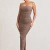 My Lady | Mocha Strapless Bodycon Ruched Mesh Maxi Dress -ENY Clothing Shop WB CL127347038 MyLadyMochaStraplessBodyconRuchedMeshMaxiDress3