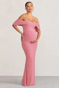 Asha | Blush Pink Draped Sleeve Bardot Maternity Maxi Dress -ENY Clothing Shop WB CL129205 AshaBlushPinkDrapedBardotMaternityMaxiDress1
