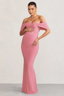 Asha | Blush Pink Draped Sleeve Bardot Maternity Maxi Dress -ENY Clothing Shop WB CL129205 AshaBlushPinkDrapedBardotMaternityMaxiDress3