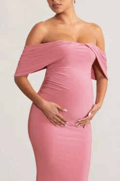 Asha | Blush Pink Draped Sleeve Bardot Maternity Maxi Dress -ENY Clothing Shop WB CL129205 AshaBlushPinkDrapedBardotMaternityMaxiDress4